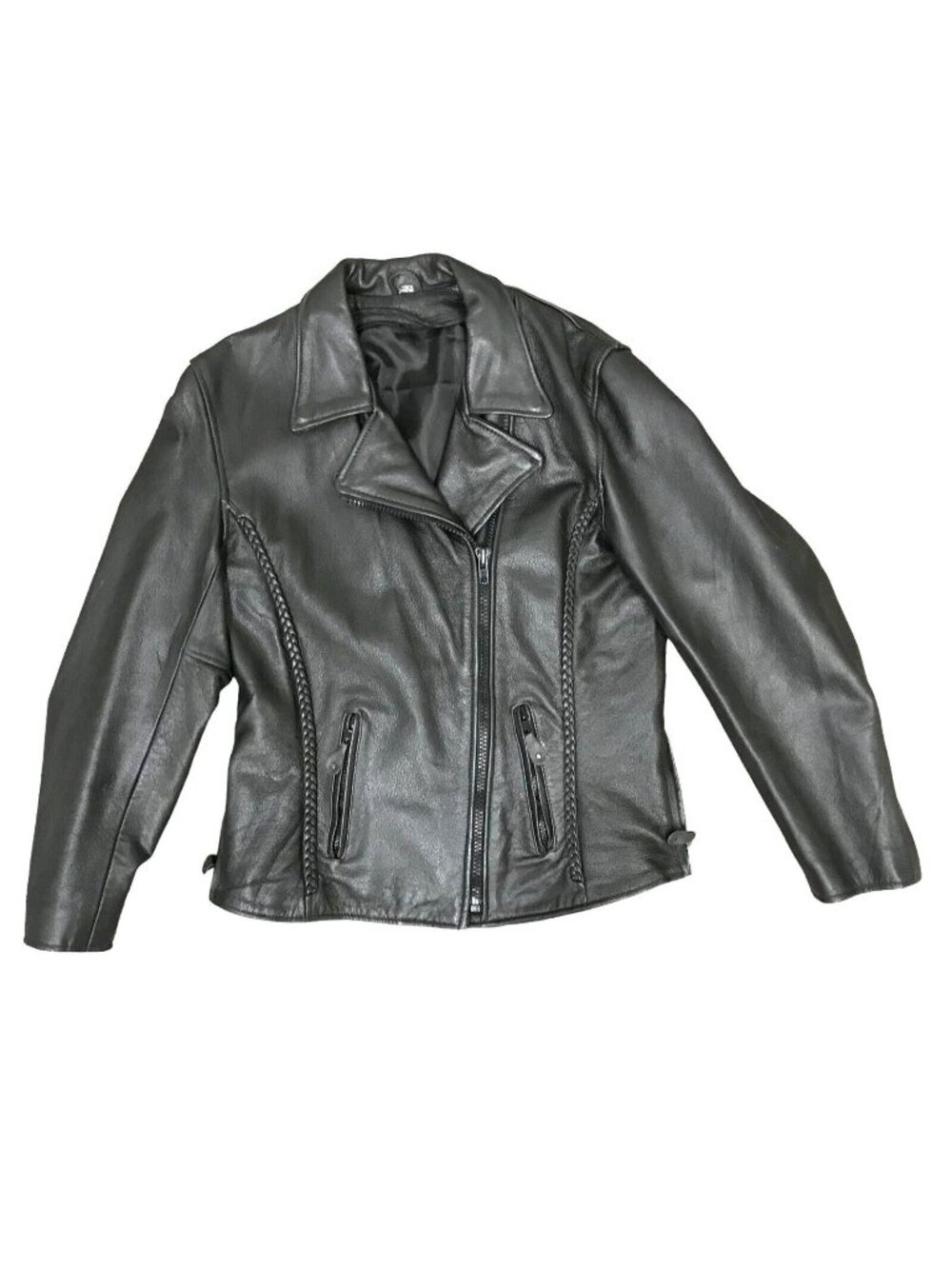 Womens M-L Thick Black Leather Biker Moto Jacket Coat Zipper Sleeve